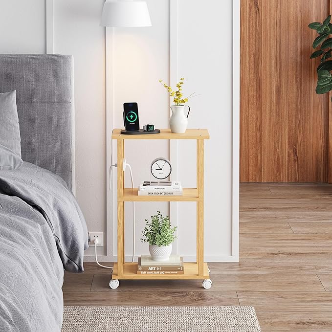 TUTOTAK Small Narrow Side Table with Charging Station, Skinny End Table for Small Spaces, Slim Nightstand with USB Ports and Outlet, Sofa Beside Table with Wheels, Natural TB01BN047