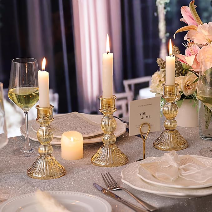 DARJEN Gold Candlestick Holders Set of 4 - Vertical Stripe Glass Candle Holders for Candlesticks and Taper Candles, Taper Candle Holder for Wedding, Party, Home Decor & Table Centerpieces