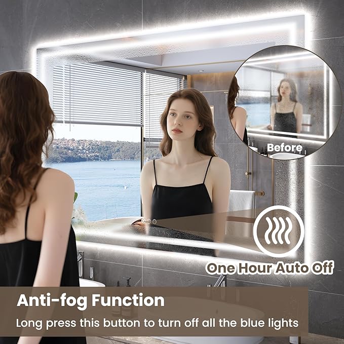 60"X24" LED Bathroom Mirror with Front Lights and Backlit, Anti-Fog, Dimmable, Shatter-Proof Tempered Glass, Lighted Bathroom Vanity Mirror for Wall with 3 Colors, Memory Function