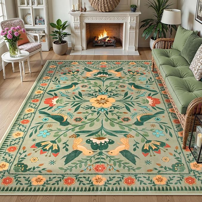 Moynesa Washable 8x10 Area Rugs for Living Room, Ultra Thin Soft Boho Bedroom Rug Stain Resistance, Low Pile Indoor Bird Pattern Sage Green Large Carpet for Nursery Dining Room Under Table