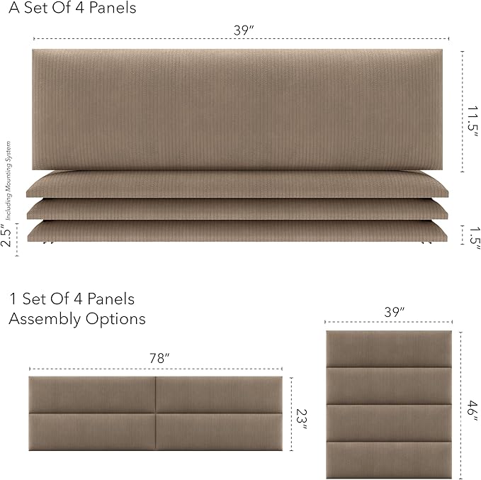 Vänt Upholstered Wall Panels - King/Cal King Size Wall Mounted Headboards - Ribbed Taupe - Twin/King - Set of 4 Panels (Each Individual Panel 39"x11.5")