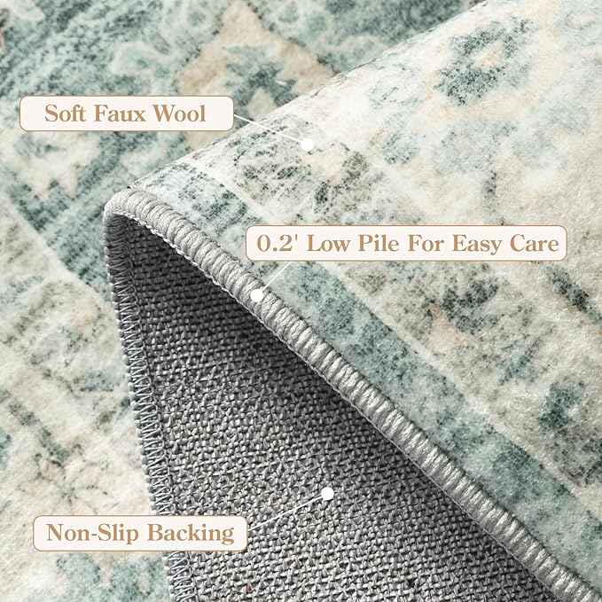 LIVEBOX Bedroom 4x6 Washable Area Rug for Entryway Kitchen, Non-Slip Soft Boho Rugs for Dining Room Office, Farmhouse Low-Pile Neutral Soft Carpet for Nursery Room Playroom, Sage Green