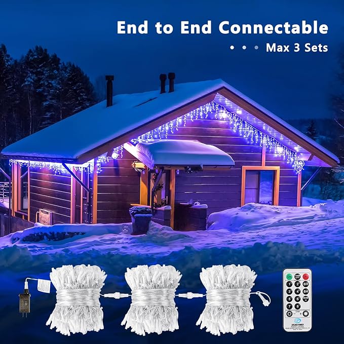 Brizled Blue Icicle Lights, 29ft 360 LED Christmas Icicle Lights with Remote, 8 Modes Christmas Roof Light with 60 Drops, Connectable Xmas Eave Light Outdoor Drop Lighting for Xmas Wedding Holiday