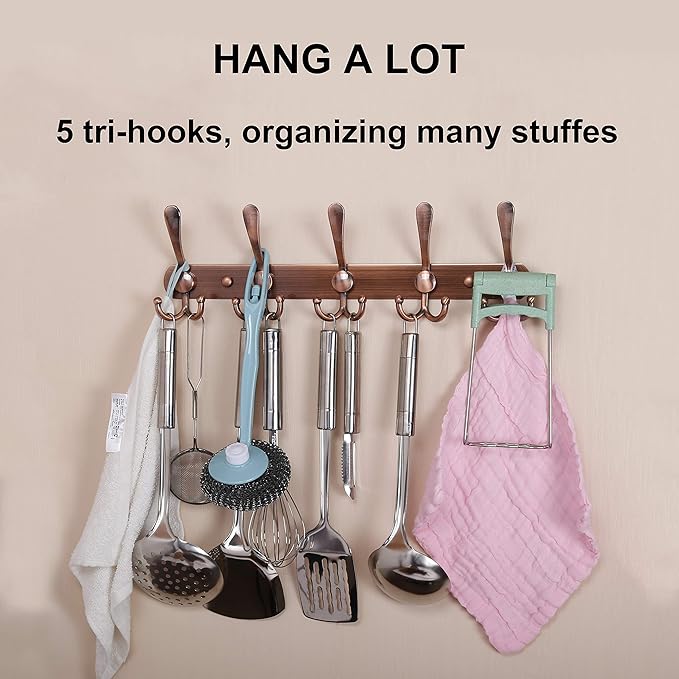 Dseap Coat Rack Wall Mounted - 5 Tri Hooks, Heavy Duty, Stainless Steel, Metal Coat Hook Rail for Coat Hat Towel Purse Robes Mudroom Bathroom Entryway,Chromed