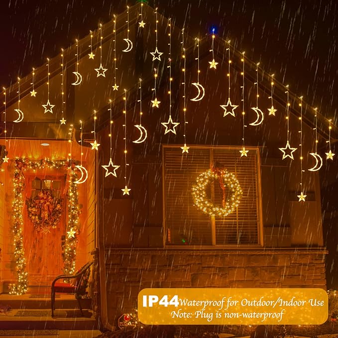 Christmas LED Curtain String Lights - 18FT 12 Drops 138 LED Star Moon Hanging Lights with Remote, 8 Modes, 6H Timer, Waterproof Connectable Window Lights for Indoor Outdoor Holiday Decorations