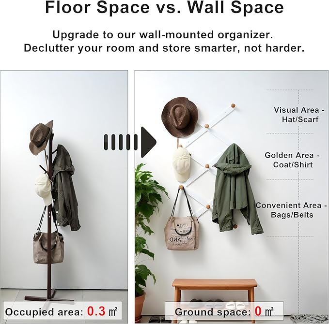 SKOLOO Hat Rack for Wall with 11 Hooks, 24 inch Solid Wooden, Modern, Huge Coat Rack Wall Mount for Coats, Hats, Bags, Cowboy Caps, Baseball Caps, Natural on White