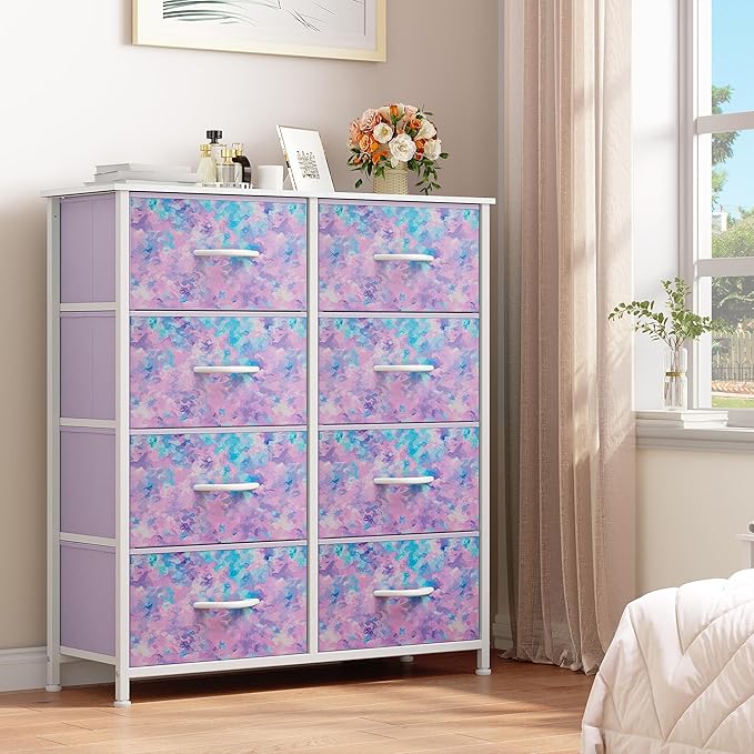 YITAHOME Purple Fabric Dresser Drawer, Tall Storage with 8 Drawers, Dresser & Chest of Drawers, Storage Drawer Organizer for Closet, Living Room, Closets