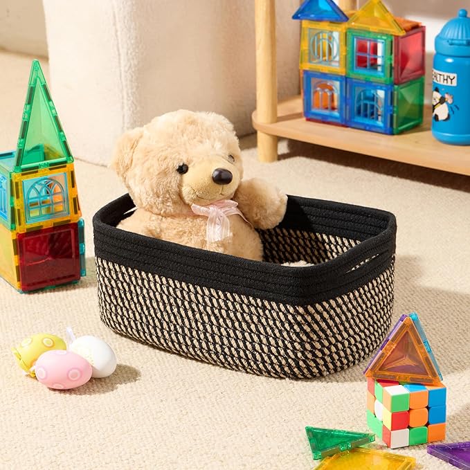 Small Storage Baskets for Organizing | Closet Organizer Bins | Shelf Toy Basket | Woven Rope Baskets | Cube Decorative Box | Shallow Basket | 13x8.5x5.1” | 3 Packs Black Brown