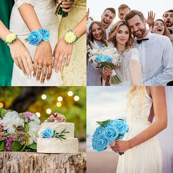 JOYLEX Artificial Flowers Realistic Roses, 25pcs Real Looking Fake Roses with Stem for DIY Wedding Bouquets Centerpieces Bridal Shower Party Home Romantic Decorations (Regular 3" - 25pcs, Light Blue)