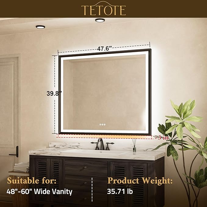 TETOTE 48x40 LED Bathroom Mirror with Lights Gold Metal Framed Front & Back Light Vanity Mirror Baroque Antifog Stepless Dimmable White/Warm/Natural,CRI90+,Waterproof,Wall Mounted(Horizontal/Vertical)