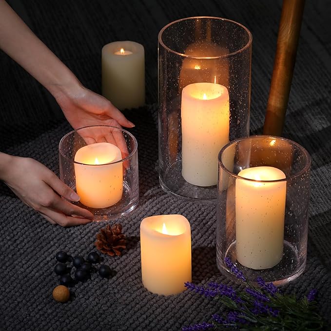 Large Hurricane Candle Holder Set of 3 Clear Candle Holders for Pillar Candles, Seeded Bubbles Glass Candle Holder for Table Centerpiece, Glass Cylinder Vases for Home, Patio and Wedding 10" 7" 4" H