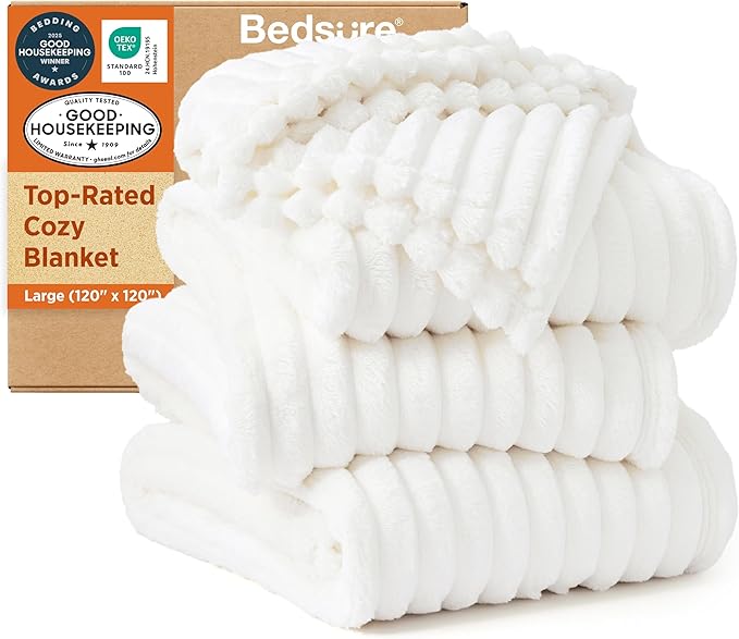 Bedsure GentleSoft Large Fleece Blanket for Bed - Cozy Soft Throw Blankets for Women, Cute Large Throws for Girls, Off White, 120x120 Inches