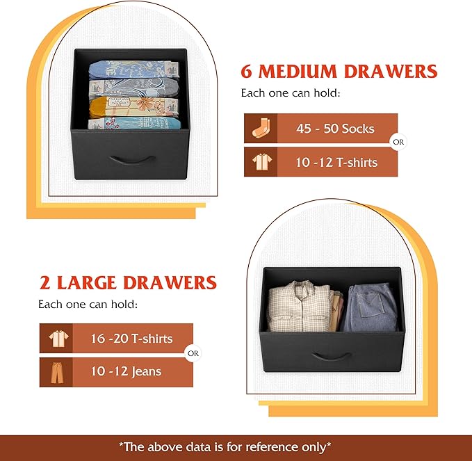 WLIVE 8 Drawer Dresser for Bedroom, Fabric Black Dresser with Large Storage Drawer Unit for Entryway, Chest of Drawers for Living Room