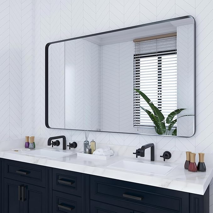VocalStar 60 x 36 Inch Black Bathroom Mirror for Wall, Large Rounded Rectangle Metal Framed Bathroom Wall Vanity Mirror Farmhouse, 1/4-inch Shatterproof Glass | Ultra-Flush Hanging