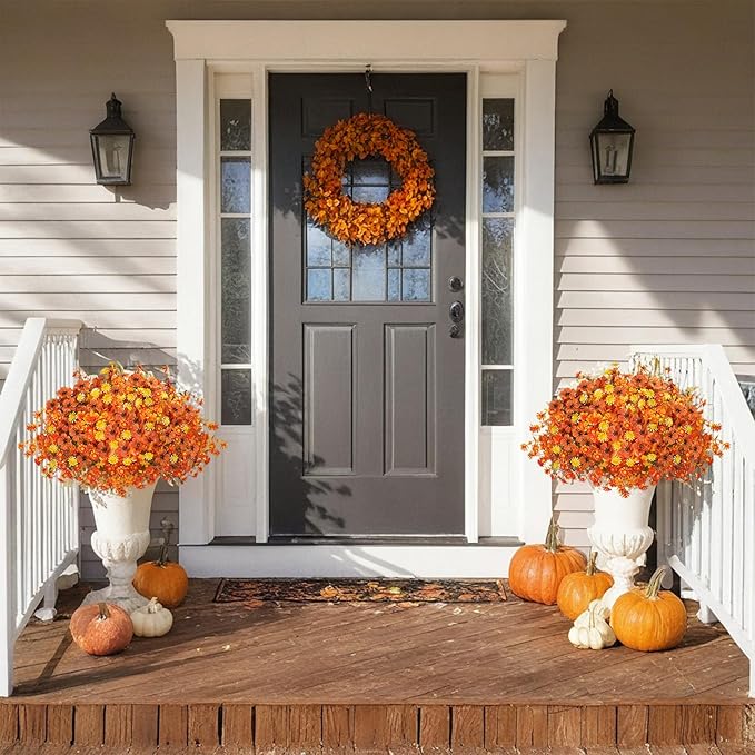 Artificial Fake Mums Flowers Plants for Outdoors Autumn Fall Decoration,16 Bundles Faux mums Mix Silk Glory UV Sun Resistant, Realistic Fall Flowers for Planter Porch Patio Yard Balcony Home Decor