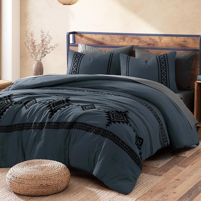 MaiRêve Embroidery Full Size Comforter Set Blue Grey, Farmhouse Western Boho Bedding Set 7 Pieces, All Season Bed in A Bag Comforter Set with Sheets, Pillowcases & Shams