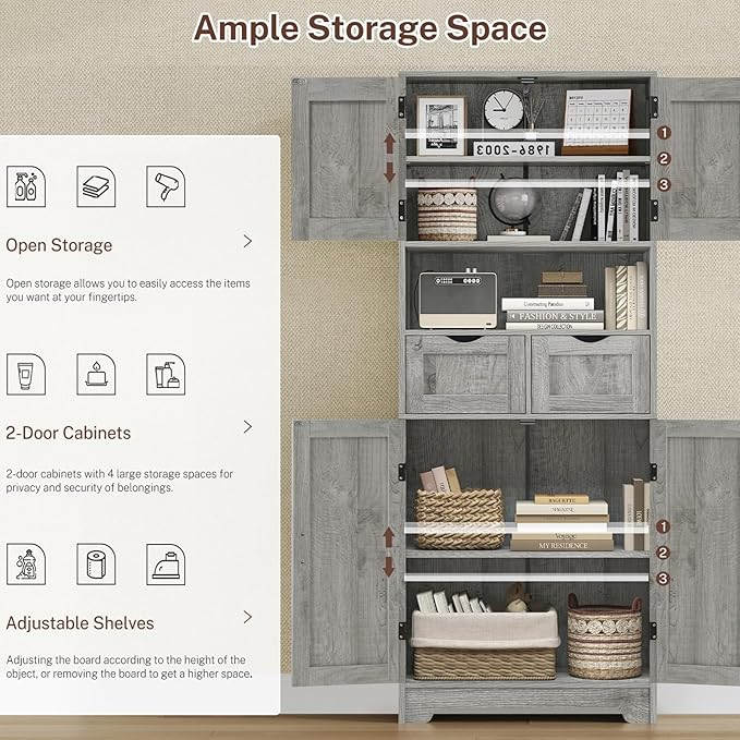 Iwell Tall Storage Cabinet with Adjustable Shelf, Bathroom Cabinet with 2 Drawers, Linen Cabinet for Living Room, Grey
