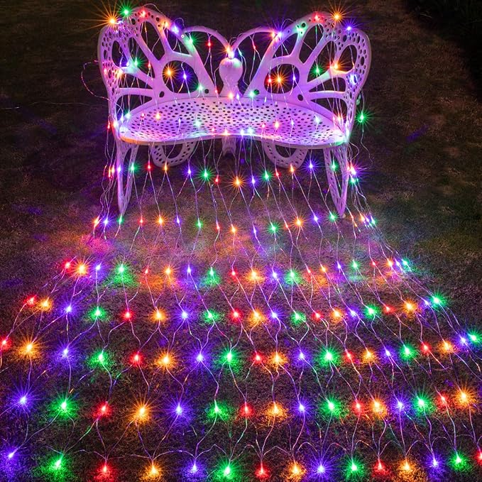 AWQ 200 LED 9.8ft x 6.6ft String Net Mesh Lights 8 Modes for Christmas Wedding Party Home Garden Lawn Bushes Indoor Outdoor Decor (Multicolor)