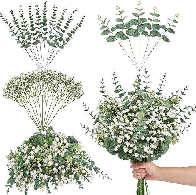 Serwalin 25 Pcs Mixed Artificial Eucalyptus Stems,Babys Breath Artificial Flowers Bulk with Faux Eucalyptus Leaves Greenery Stems for Wedding DIY Bouquets Floral Arrangement Home Decor