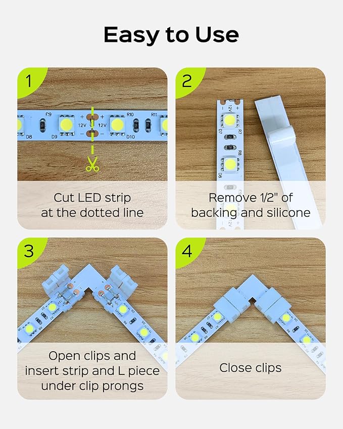 JACKYLED 8mm 2 Pin LED Strip Connectors Lights Connector, L Shape Gapless Solderless Connectors LED Adapter Light Extension Connectors for 8mm Wide Single Color Flex LED Strips - 8mm 2pin Total 22Pcs