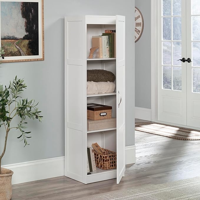 Sauder Miscellaneous Tall Storage Cabinet, Kitchen Pantry, Single Door with Adjustable Shelves, White Finish
