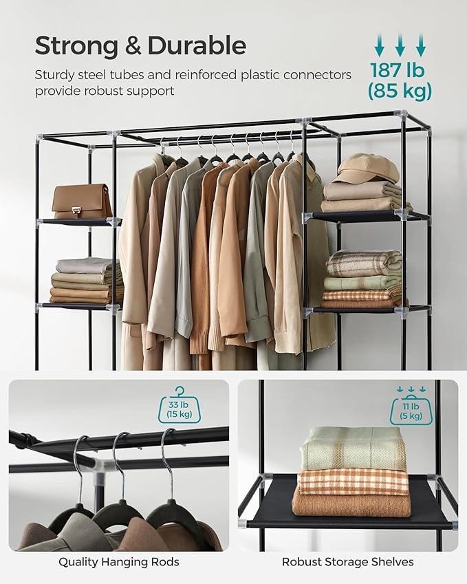SONGMICS Closet Wardrobe, Portable Closet for Bedroom, Clothes Rail with Non-Woven Fabric Cover, Clothes Storage Organizer, 59 x 17.7 x 69 Inches, 12 Compartments, Black ULSF03H