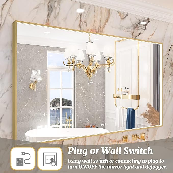 60x36 Inch LED Bathroom Mirror, Gold Metal Framed Lighted Mirror for Bathroom, Wall Mouted LED Vanity Mirror with Lights, 3 Colors and Stepless Dimmable, Anti-Fog, Memory
