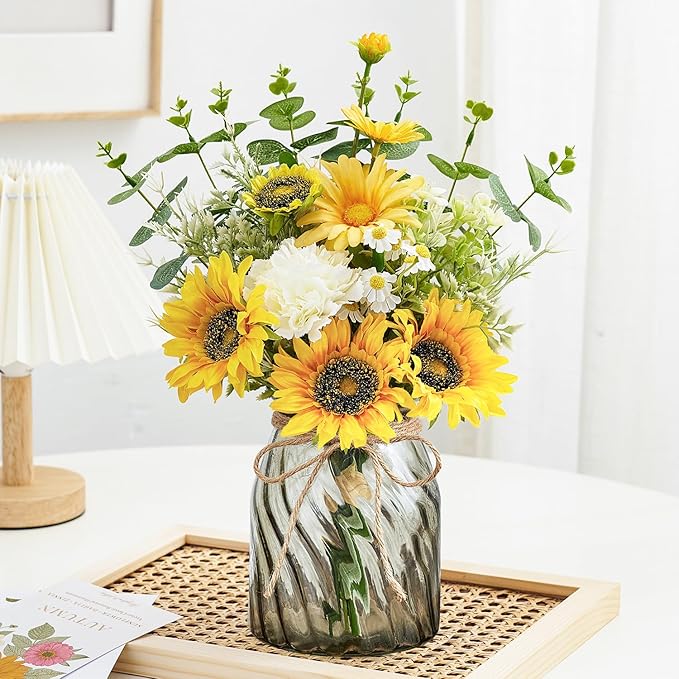 Fake Flowers Artificial Sunflowers with Vase, Faux Silk Flowers Plants for Home Office Decorations, Kitchen Dining Table Decor, Farmhouse Centerpiece Table Decoration
