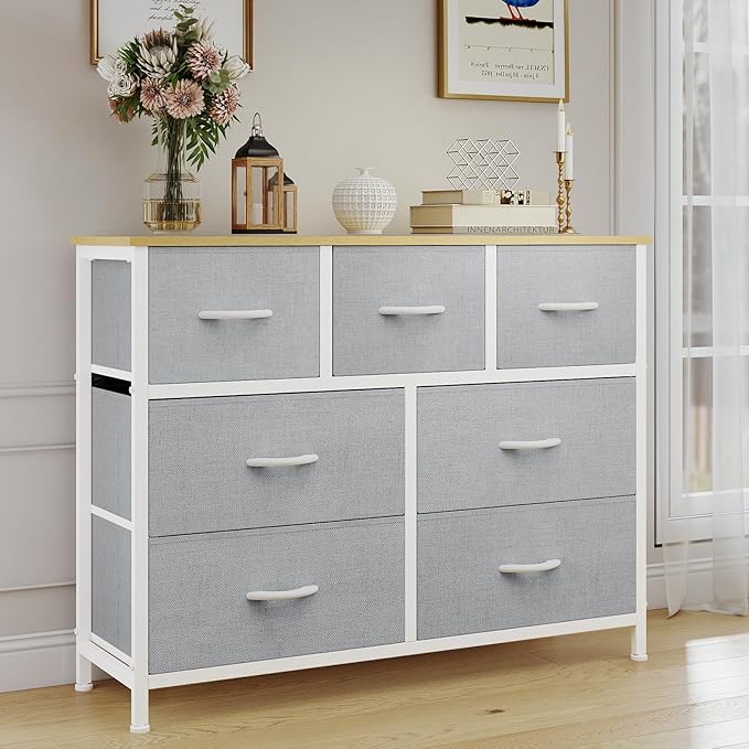 OLIXIS 7 Drawers Dresser for Bedroom, Fabric Storage Tower for Living Room, Entryway - Sturdy Steel Frame, Wooden Top and Easy Pull Fabric Bins, Closet Chests Organizer for Clothes,Light Gray