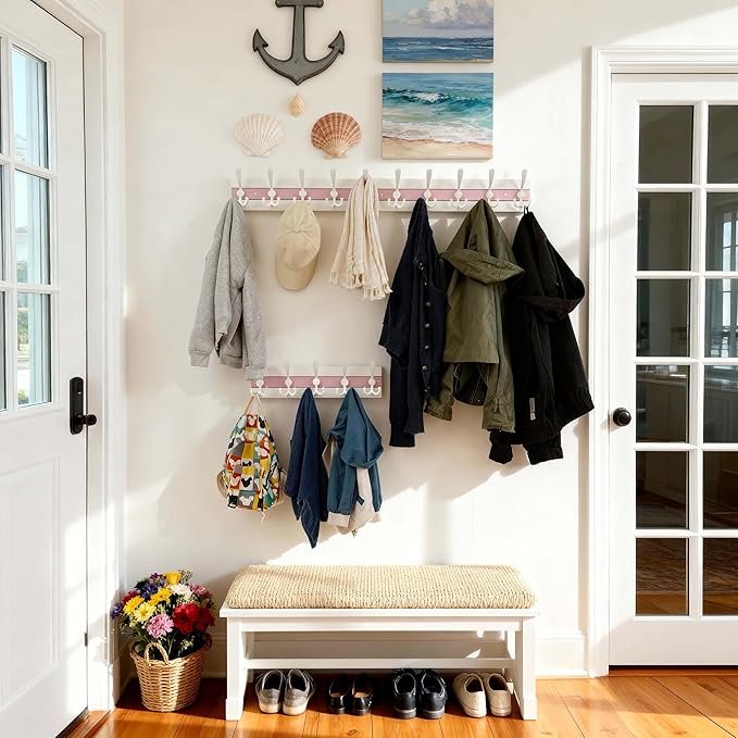 SKOLOO Coastal Wall Mounted Coat Rack - 17" Beach House Entryway Wooden Coat Hook with 5 Hooks for Hanging Coats, Hats or Towels, Oceanfront Cottage Core Collection, White & Palm Beach Pink