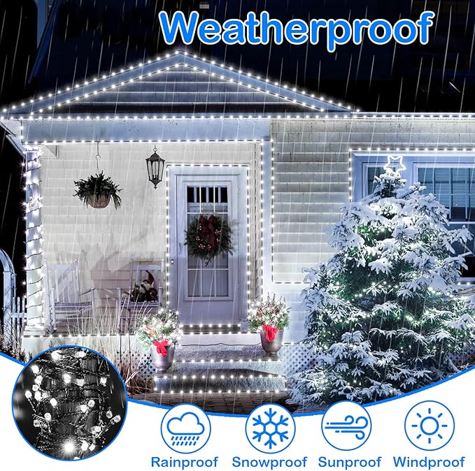 Decute 300LED Christmas String Lights Outdoor Waterproof 105FT UL Certified with End-to-End Plug 8 Modes, Cool White Indoor Starry Fairy Lights for Christmas Tree Patio Garden Wedding Party Decor
