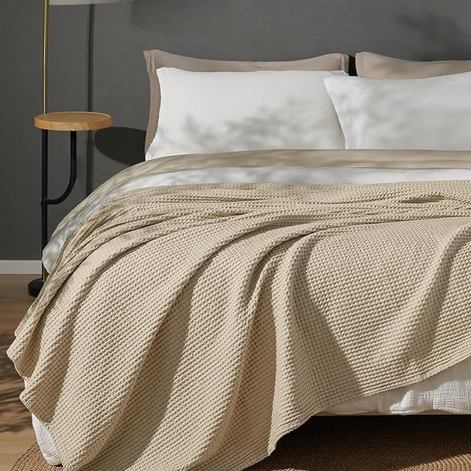 PHF 100% Cotton Waffle Weave Blanket Twin Size for Bed,Snag Proof Lightweight Breathable Throw for Couch,Great for Layering in Cold Weather,Machine Washable,Home Decor Gift-Khaki/Simply Taupe