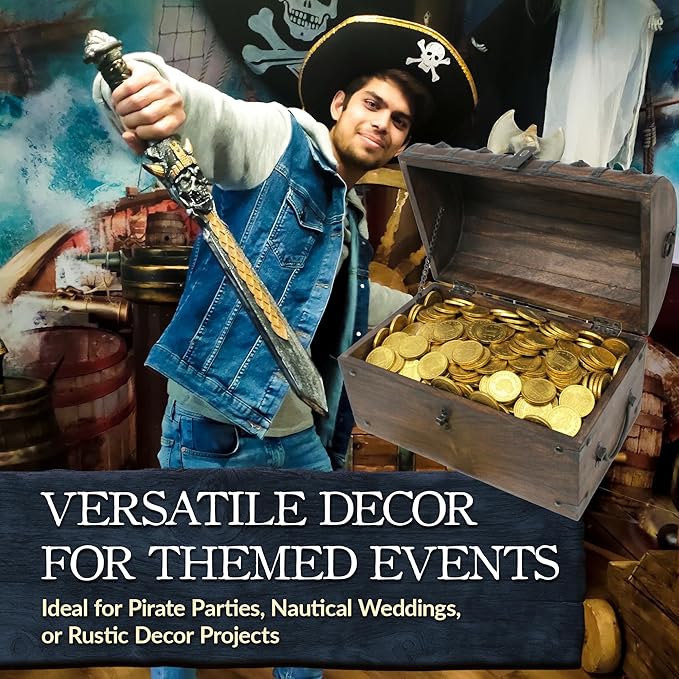 Nautical Cove Handmade Pirate Treasure Chest for Kids Prizes & Classroom with Lock and Skeleton Keys – Lockable Wooden Storage Chest Box, Pirate Decor, Decorative Wooden Box - Large 13x8x8.25