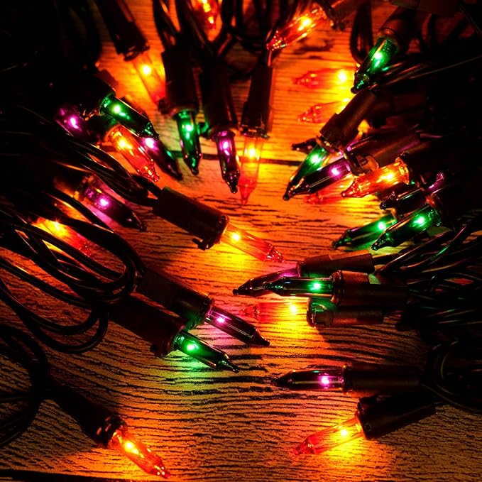 YULETIME 200 Orange Green & Purple Halloween Lights with Black Wire, Pack of 2 Sets 33 ft 100 Count UL Certified Christmas String Lights (Orange, Green & Purple)