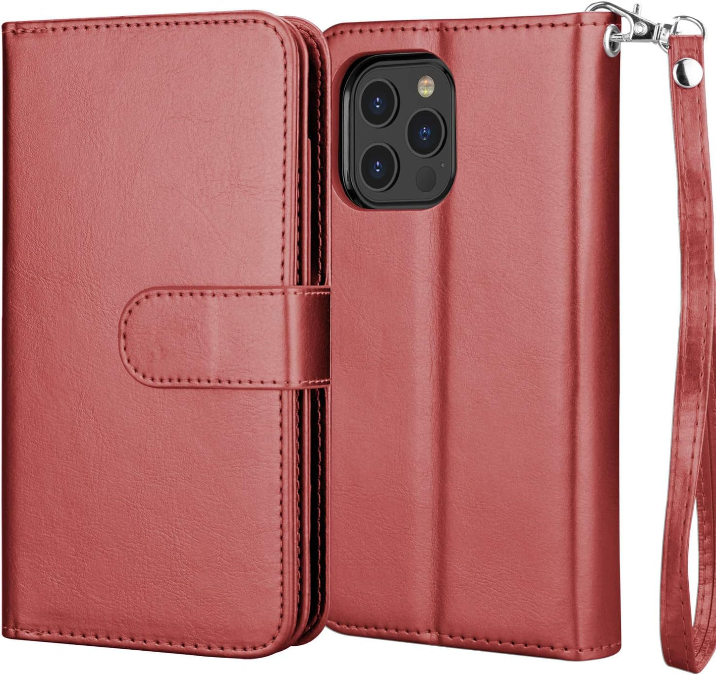 Njjex iPhone 12 Pro Max Wallet Case - 9 Card Slots, PU Leather, Detachable Kickstand (Wine Red)