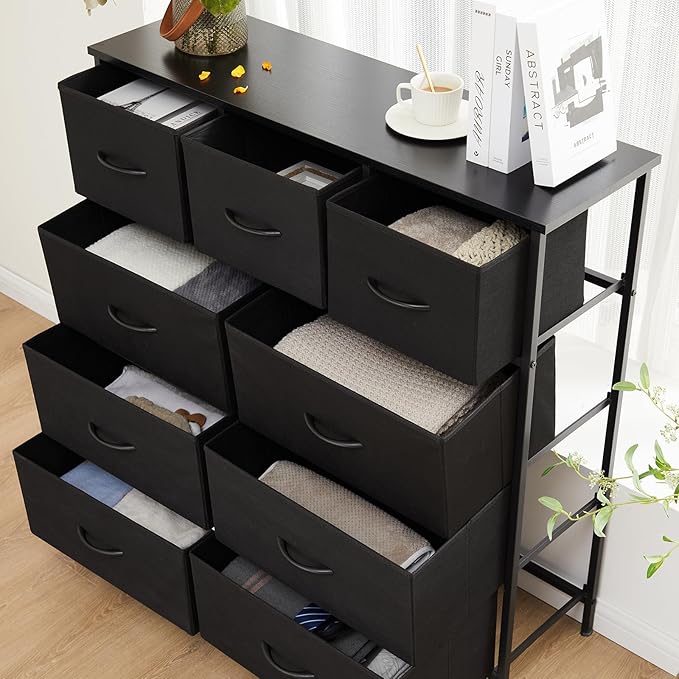 Sweetcrispy Dresser for Bedroom with 9 Storage Drawers, Tall Large Fabric Storage Tower Organizer, Chest of Drawers with Metal Frame Wooden Top for Nursery, Closet, Living Room, Entryway, Black