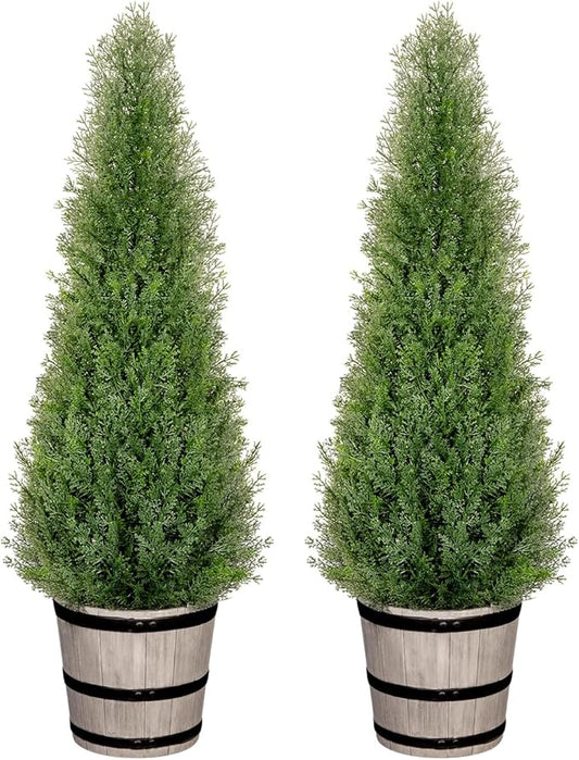3FT Artificial Cedar Topiary Trees with Rustic Barrel Planter, Outdoor Indoor Realistic Faux Pine Shrubs Plants, Fake Cypress Trees for Home Offices Porch Decor, Set of 2