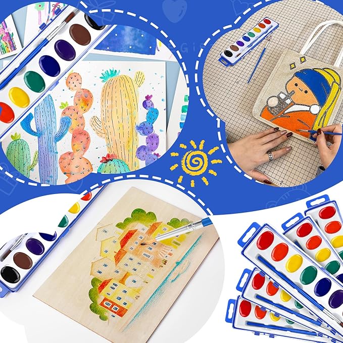 FUMILE Watercolors Paint Set Bulk,48 Pack 8 Washable Bright Colors with Paintbrush.Watercolors Paint Set Kids for Parties,Art Lessons,Birthday Party Favor,Back to school,All Ages.