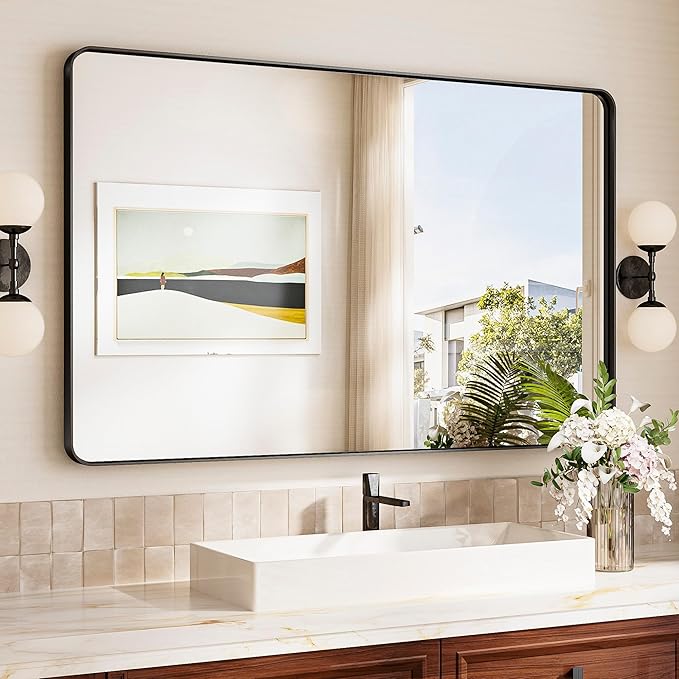 TokeShimi 48x30 Wall Mirror for Bathroom,Matte Black Bathroom Vanity Mirror Modern,Tempered Glass,Large Bathroom Mirror Rectangle,Metal Framed Bathroom Mirror(Horizontal/Vertical)