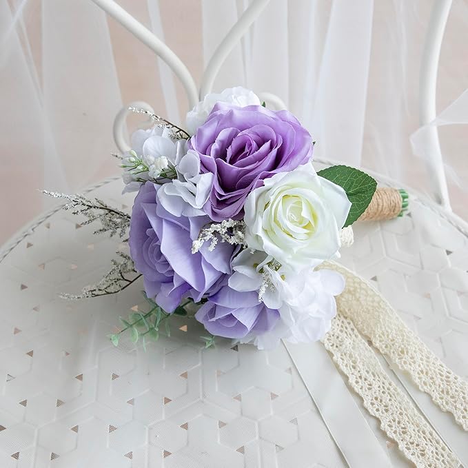 Wedding Bouquets for Bride Bridesmaid, Artificial Lilac Bride Flower Bouquet for Wedding Church Decoration Ceremony, Anniversary, etc, Roses Flowers