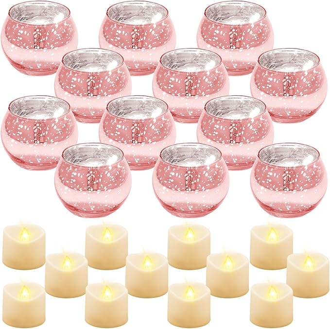 Rtteri 12 Set Votive Candle Holders Wedding Centerpiece Table Decorations Speckled Mercury Glass Votive Candle Holders with Tea Lights Birthday Party Decorations for Home (Pink)