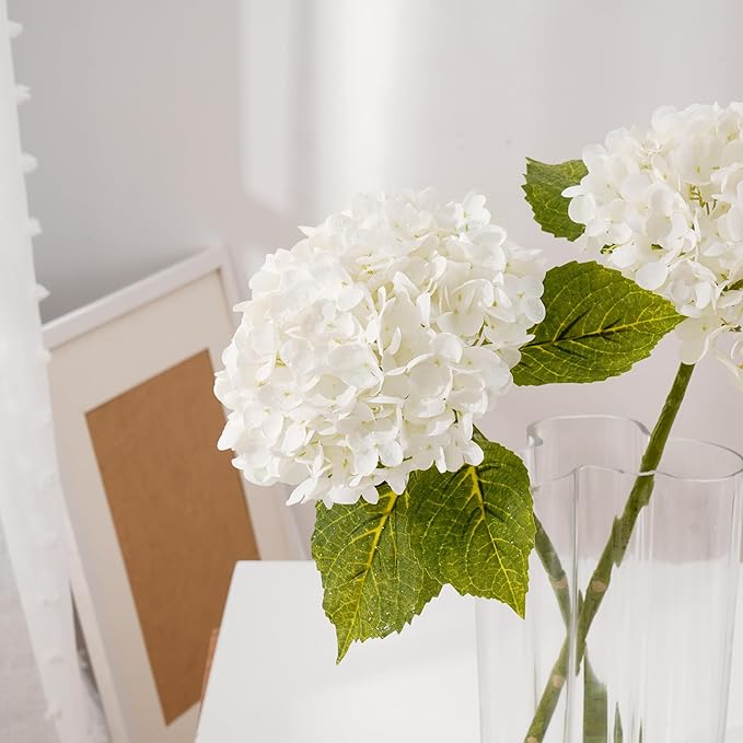 Waipfaru 21" Real Touch White Hydrangea Artificial Flowers with Long Stem & Leaves, Full Latex Faux Hydrangea Flowers for Home Decor Party Floral Arrangements Wedding Bouquets Centerpieces, 4Pcs