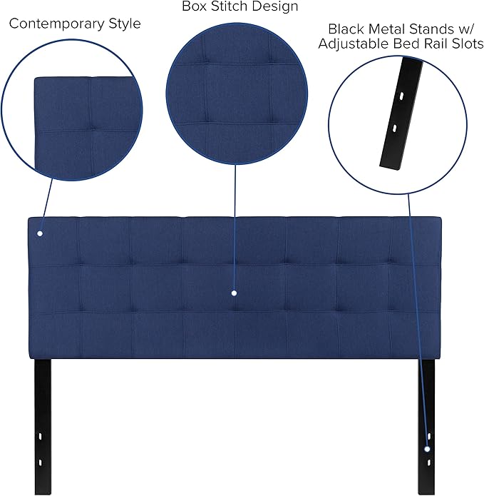 Flash Furniture Bedford Box Stitch Tufted Upholstered Queen Size Headboard in Navy Fabric