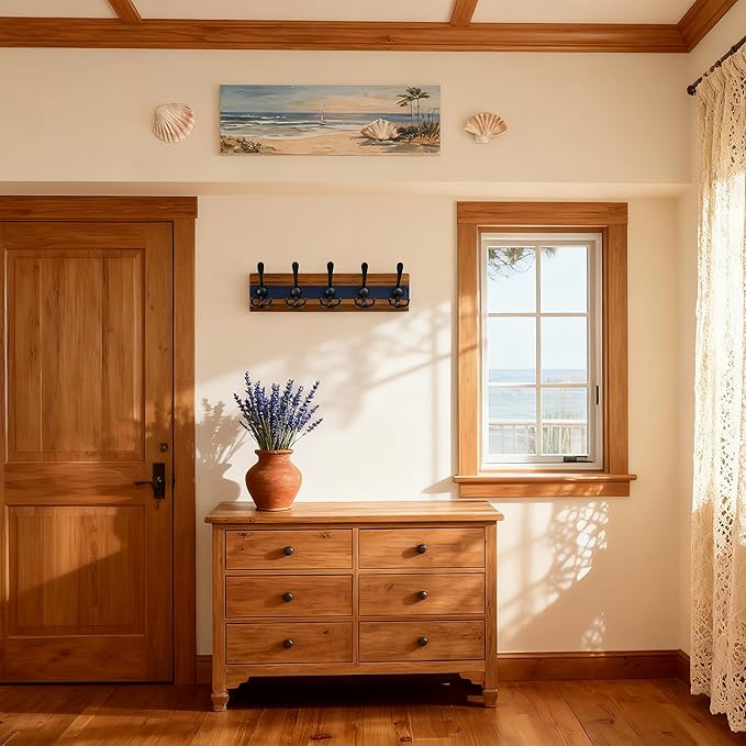 SKOLOO Rustic Wall Mounted Coat Rack - 17" Long Coat Hooks for Wall with 5 Triple Hooks for Hanging Coats, Hats or Tools, Western National Parks Collection, Wood Brown & Blue