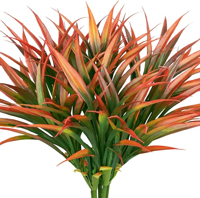 Ouddy Decor 20 Pcs Fake Fall Outdoor Plants Artificial Grass Fall Stems Faux Plastic Plants UV Resistant for Autumn Indoor Outside Garden Hanging Planter Porch Patio Window Box Home Decor, Orange