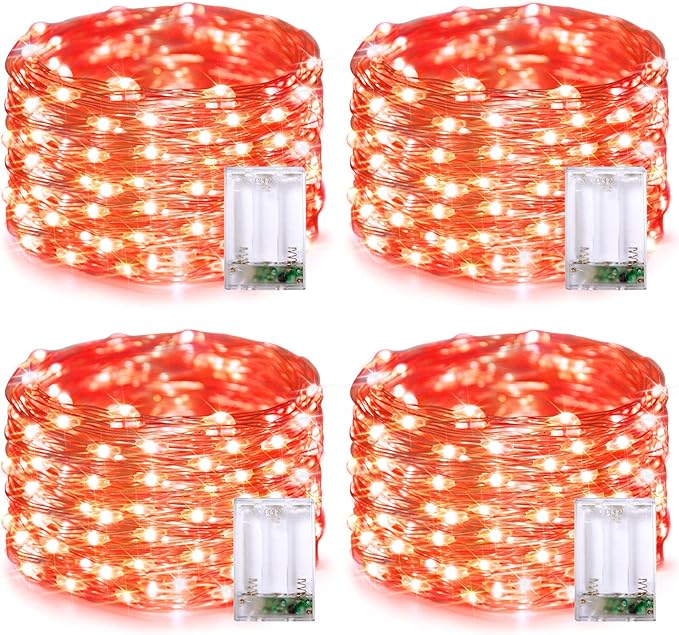 JMEXSUSS 4 Pack 50 LED Christmas Fairy Lights Battery Operated, 16.1ft Orange Fairy String Lights, Mini Orange Christmas Lights for Bedroom Garden Party Holiday Decorations