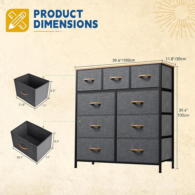 DWVO Dresser with 9 Drawers, Fabric Storage Dresser, Chest of Drawers, Storage Tower Organizer Unit for Living Room, Closets(Dark Grey)