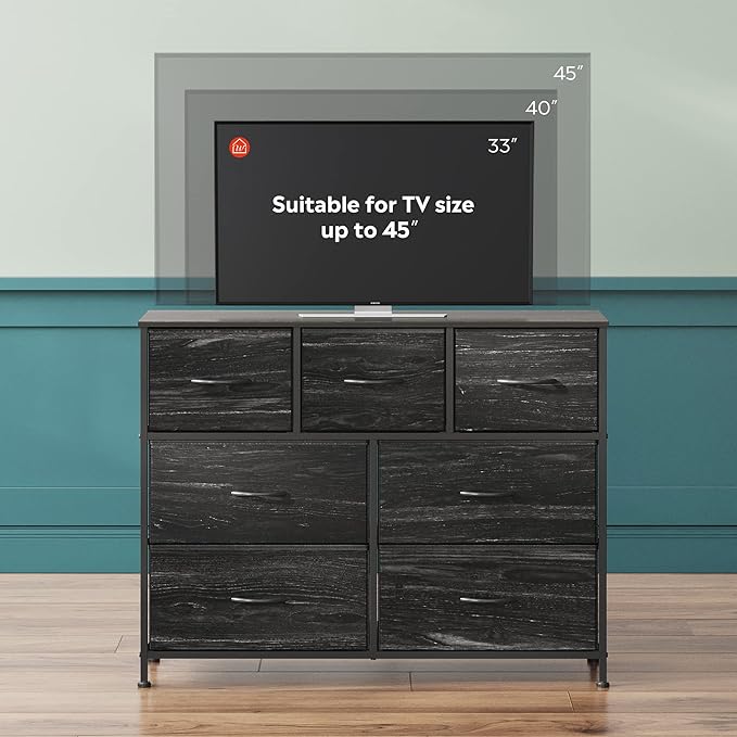 WLIVE 7 Drawer Dresser TV Stand, Entertainment Center, Media Console Table with Metal Frame and Wood Top for TV up to 45 inch, Chest of Drawers for Bedroom, Charcoal Black Wood Grain Print