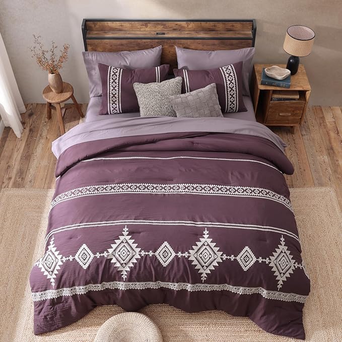 MaiRêve Embroidery King Size Comforter Set Purple, Boho Farmhouse Western Bedding Set 7 Pieces, All Season Bed in A Bag Comforter Set with Sheets, Pillowcases & Shams