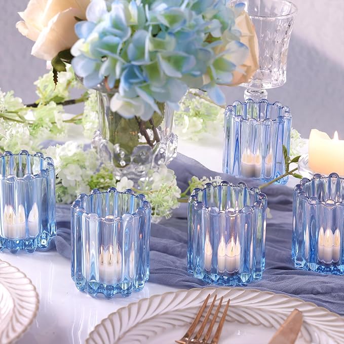 Glass Blue Votive Candle Holder, Ribbed Votive Candle Holders Set of 12, Tealight Candle Holder for Wedding Centerpieces Dinner Party Table Decor